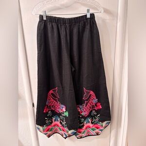 Vibrant Fuchsia Koi Fish Embroidered Hanbok Black Linen Pants